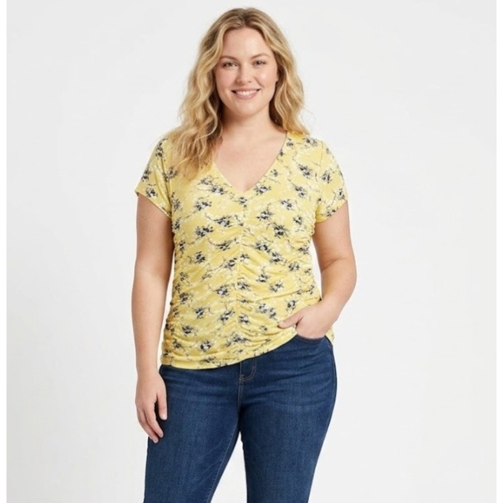 New INC International Concepts Large Yellow Floral Ruched Detail Stretch Blouse